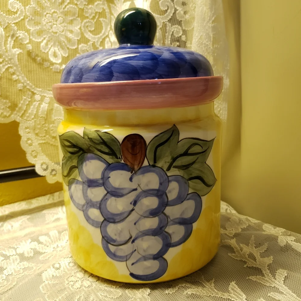 Vtg Canister Cookie Jar GEI Grapes Sealing Lid